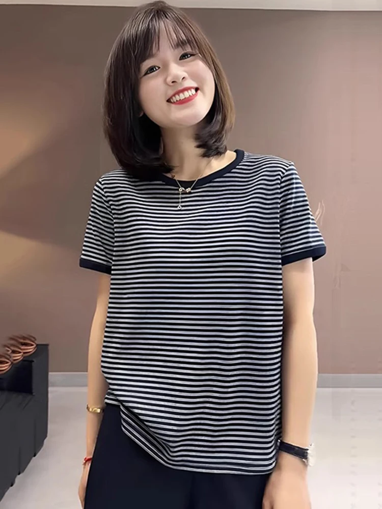 

Summer Comfortable Cotton round Ne ort Sve T-irt Women's Faionable Striped Color Blo Breathable Casual Top