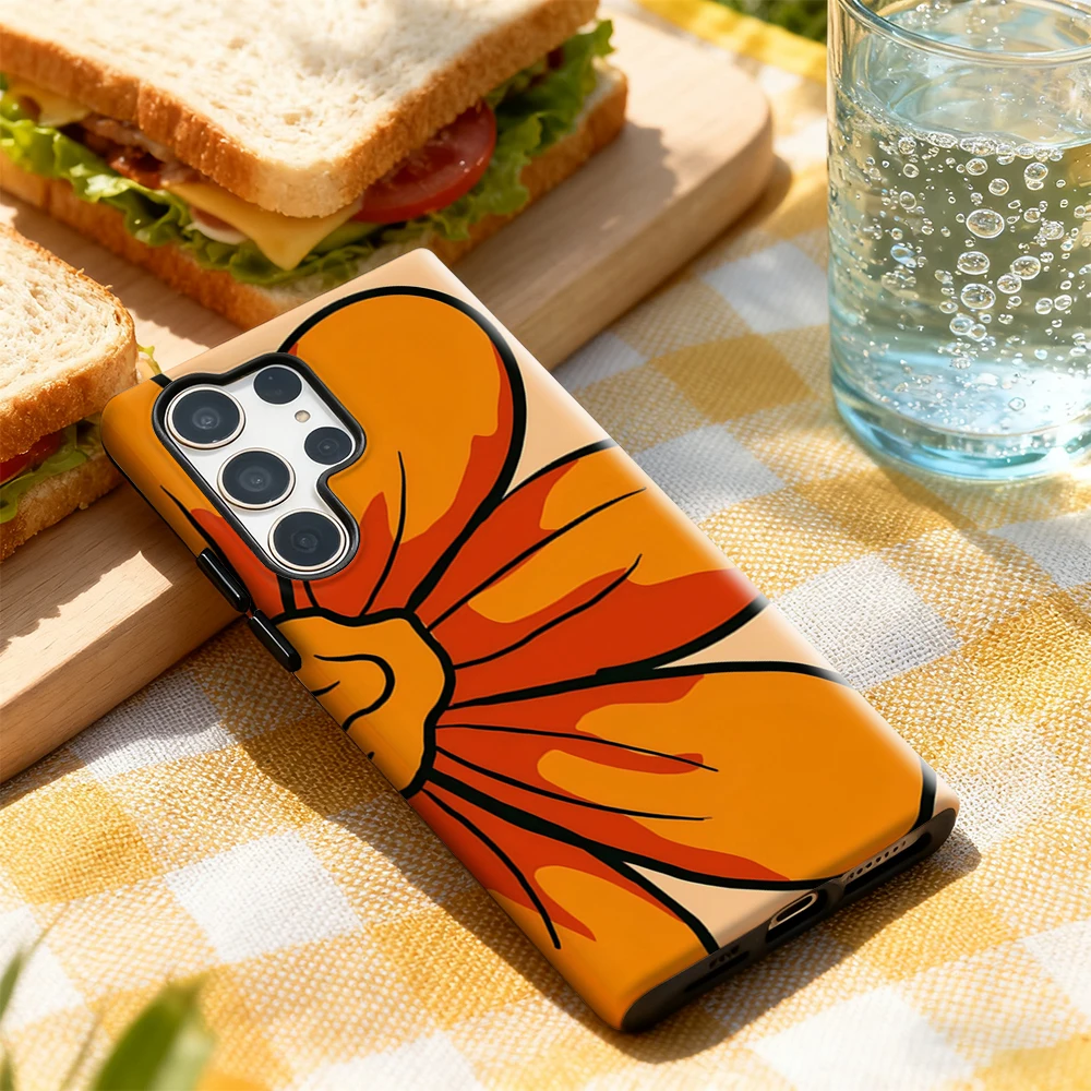 حافظة هاتف جريئة على شكل زهرة برتقالية لهاتف سامسونج جالاكسي S25 Ultra S24 S23 Ultra Plus غطاء خلفي لامع بطبقة مزدوجة #3