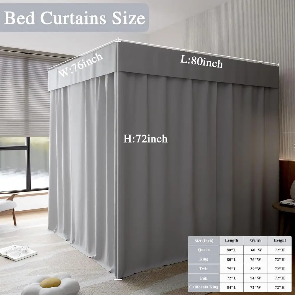 ผ้าม่านคลุมเตียงสีเทาขนาดคิงไซส์สำหรับเตียง 4 เสา ผ้าม่านกันแสง เหมาะสำหรับตกแต่งห้องนอนผู้ใหญ่และเด็กผู้หญิง