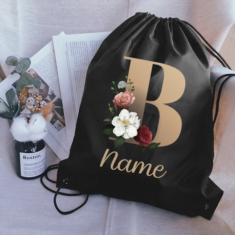 Custom Name Drawstring Pouch Gold Letter Print Backpack for Gym Men Sport Bags Women Gym Sack Custom School Bag for Girl