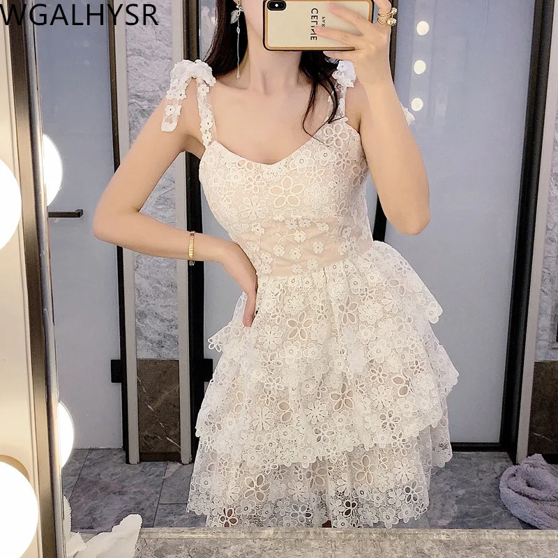 

2023 New Fashion Designer Runway Dresses Women's Lace Spliced Bow White Elegant Party Dresses