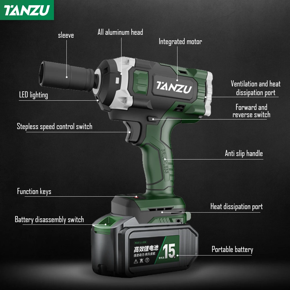 True 800N.m Cordless Electric Impact Wrench Brushless Motor With 21V Battery Charger For Dismantling Scaffolding Car Tire Tanzu