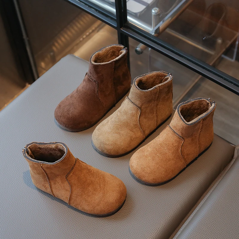 

New Children Thermal Boots 2025 Winter Girls Retro Ankle Boots Simple Solid Color Kids Fashion Causal Plush Boots Back Zipper