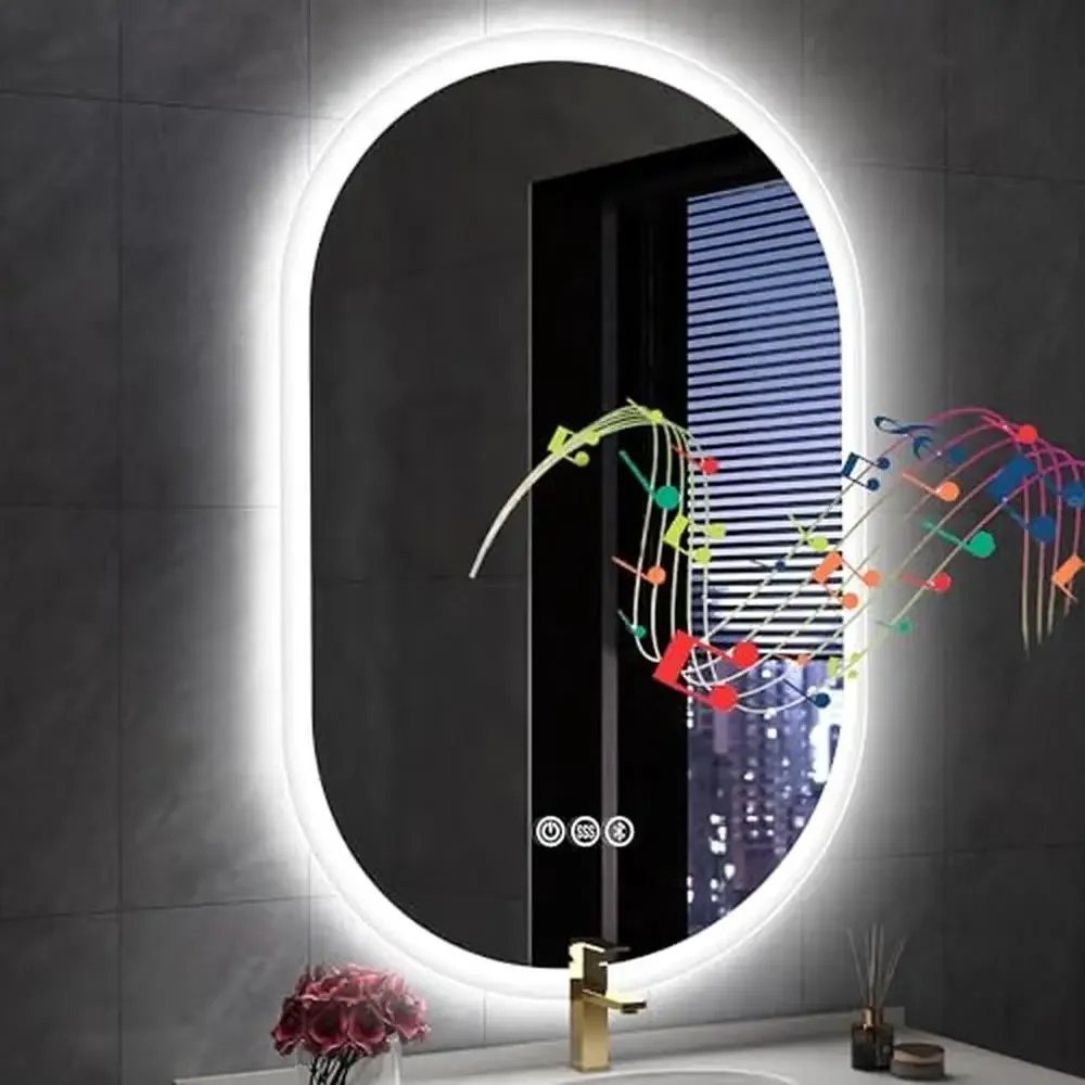 LED Oval Bathroom Mirror with Anti-Fog Bluetooth Speaker & 3 Colors Temperature Control Dimmable Lighted Mirrors Bathroom Makeup