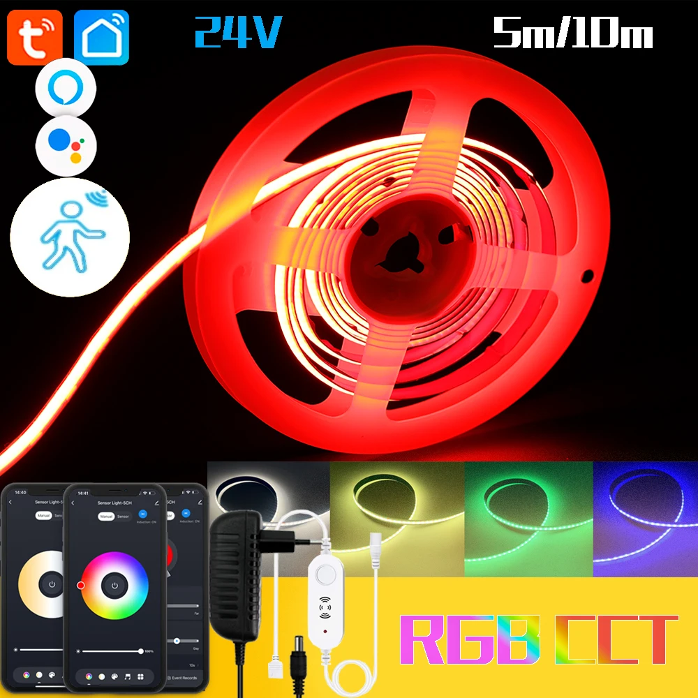 

Tuya WiFi Smart Control DC24V 6Pin 5M 10M Flexible COB RGBCCT Led Lamp Strip Suit Human Presence Motion Sensor Radar Wave Dimmer