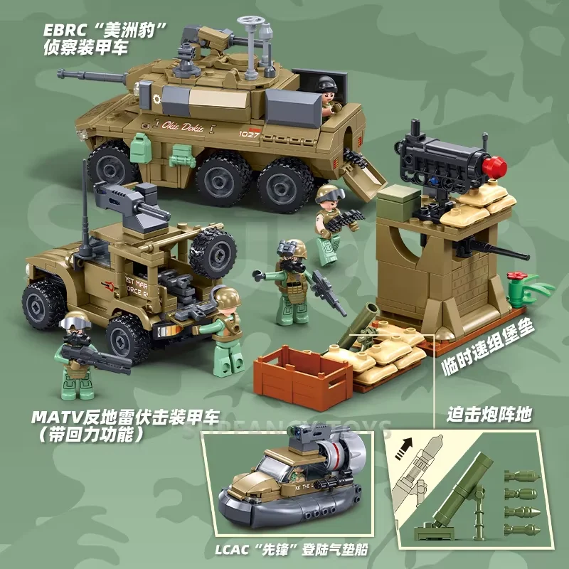 744Pcs Military Joint Assault Operations EBRC Reconnaissance Armored Vehicle & Light Armed Helicopter Building Blocks Set