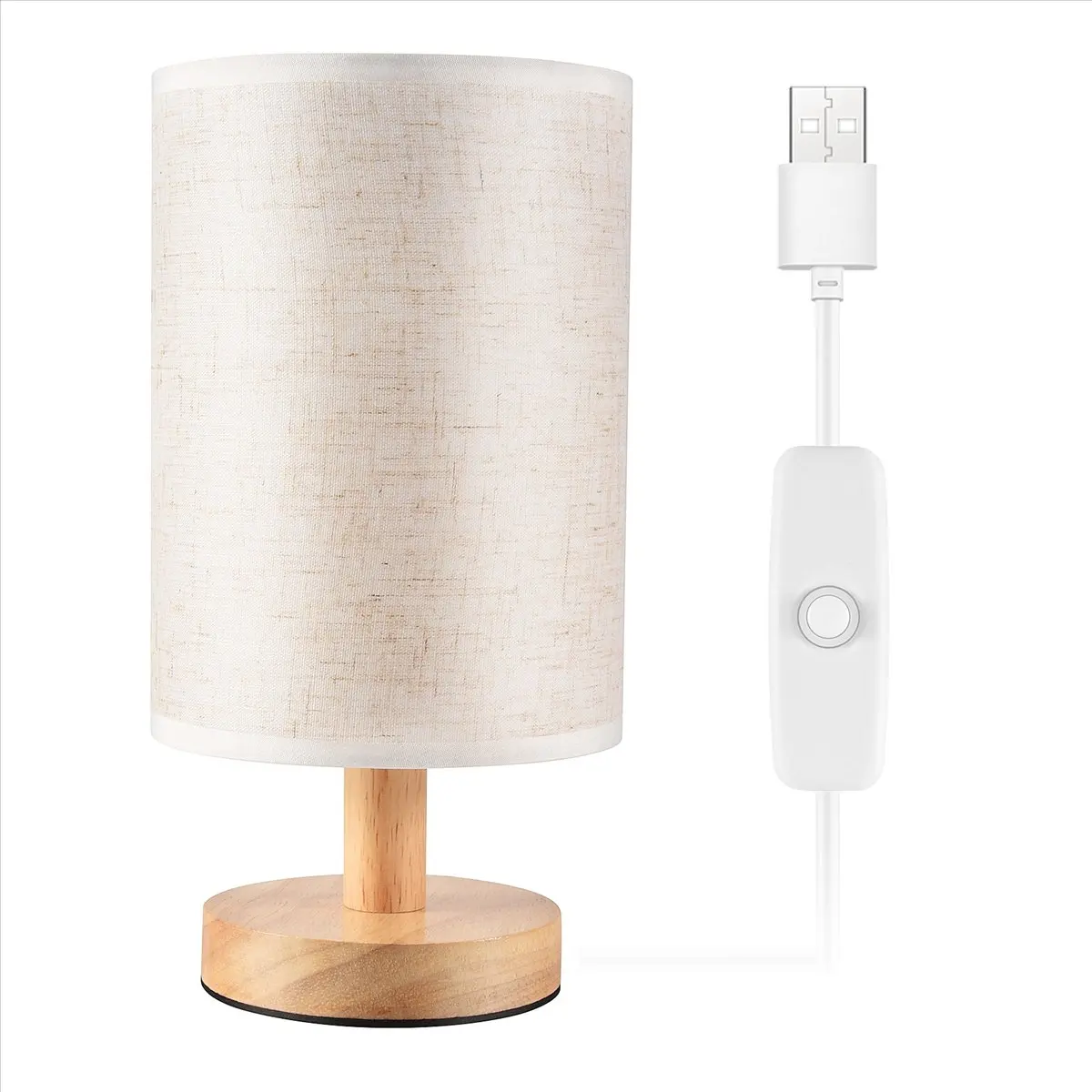 AA19 DC5V Round Bedside Table Lamp Nightstand Lamp with Fabric Shade and Solid Wood for Bedroom, Living Room Modern