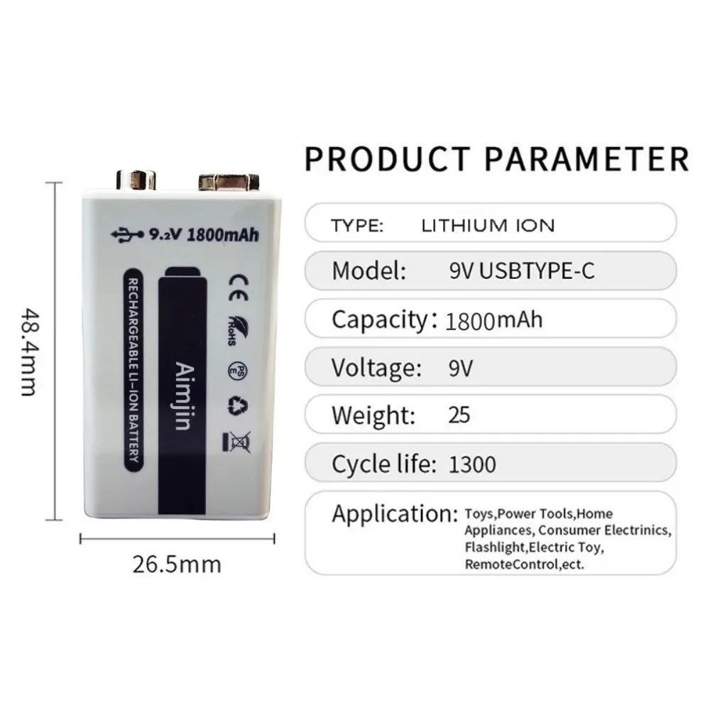 Crown rechargeable 9v6f22 rechargeable battery with a capacity of 1800mAh, Crown battery and micro USB cable.