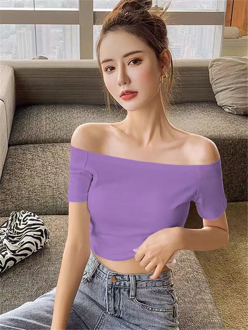 

Ele Bla Off-oulder ort-Sve T-irt Women's Summer Slim Fit Design Sensation Cotton Blend Comfortable Breathable