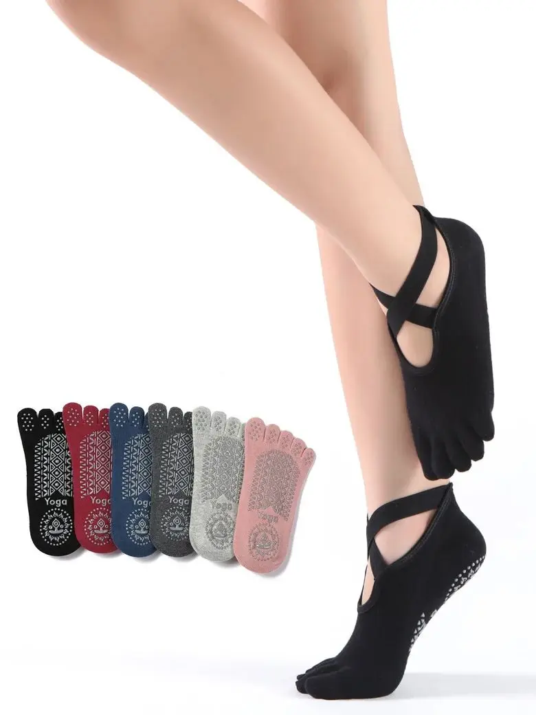 3 paires de chaussettes de yoga sans talon pour femme, antidérapantes, basses, pour Pilates, à cinq doigts, couleur unie, avec bandage, pour le sport au sol