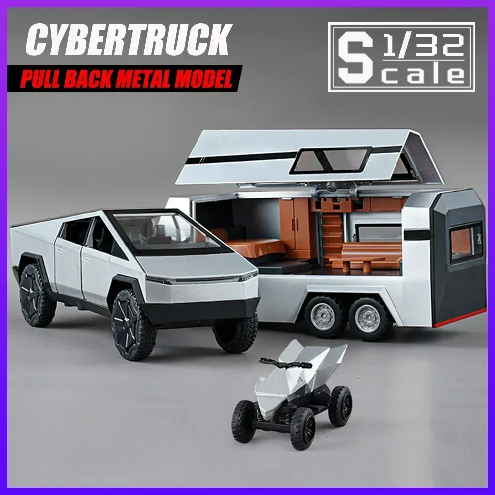 1:32 Tesla Cybertruck Pickup RV Trailer With Motorcycle Diecast Metal Model Toy Vehicle Sound and Light for Kids Boys Collection