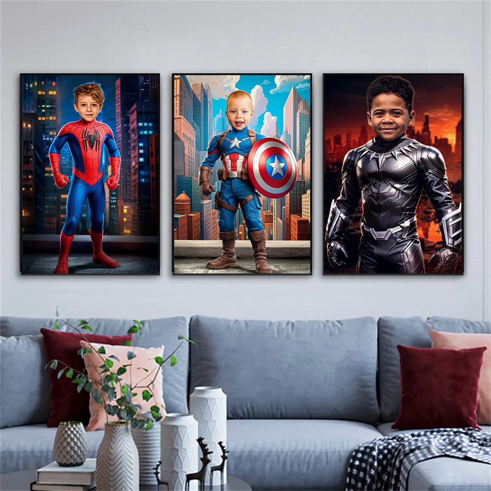 Custom Superhero Portrait Poster Kids Personalized Portrait Prints Disney Spider Iron Man Deadpool Canvas Printing Decor Gifts