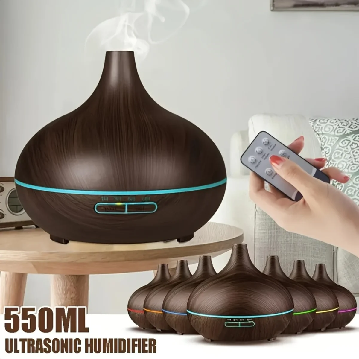 550 ml Diffusor für ätherische Öle mit Fernbedienung, Ultraschall-Luftbefeuchter, 7-farbiges LED-Licht und 6 Öle