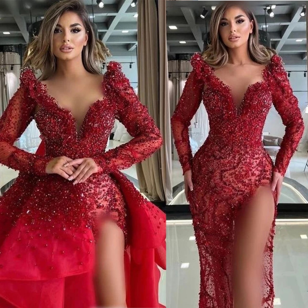 Charming Red Mermaid Wedding Dress Sequins Beading Bridal Gowns With Detachable Train Custom Made Vestidos De Novia Sirena