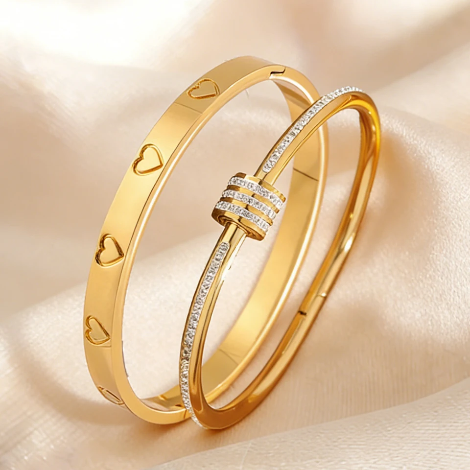 Yupsk New 2pcs Stainless Steel Stacking Bracelet Set for Women Zircon Inlaid Heart Shaped Design Versatile Bangles Jewelry Gift
