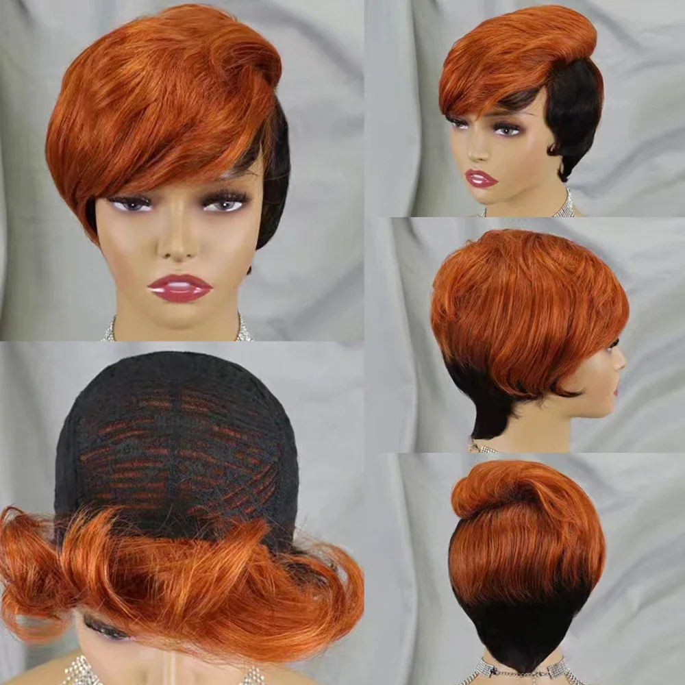 Short Human Hair Wigs Pixie Cut Straight Human Hair Wig with Bangs for Women Full Mechanism Brazilian Remy Cheap Wig 150 Density