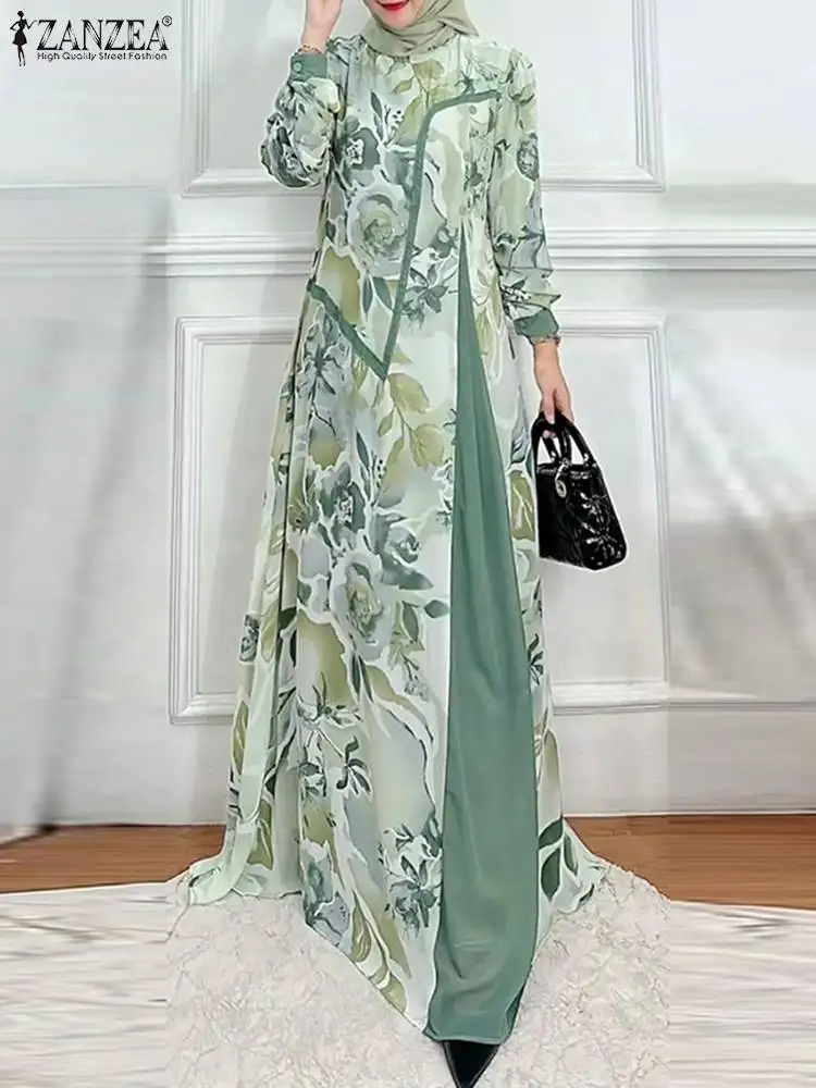 2024 moda ZANZEA kobiet z długim rękawem w kwiatowy muzułmańskie Abaya szlafrok Bohemain Maxi sukienki stylowe Patchowork Vestidos Kaftan