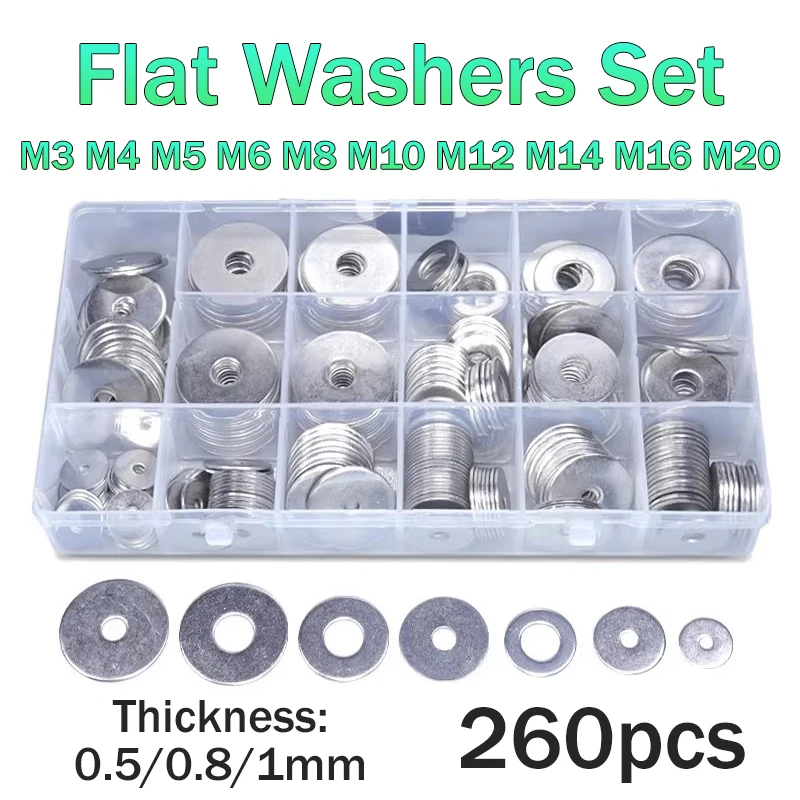 1 Box 304 Stainless Steel Flat Washers Kit, Rust Proof, for Home Improvement, Furniture Assembly, Machinery Repair and Daily Use