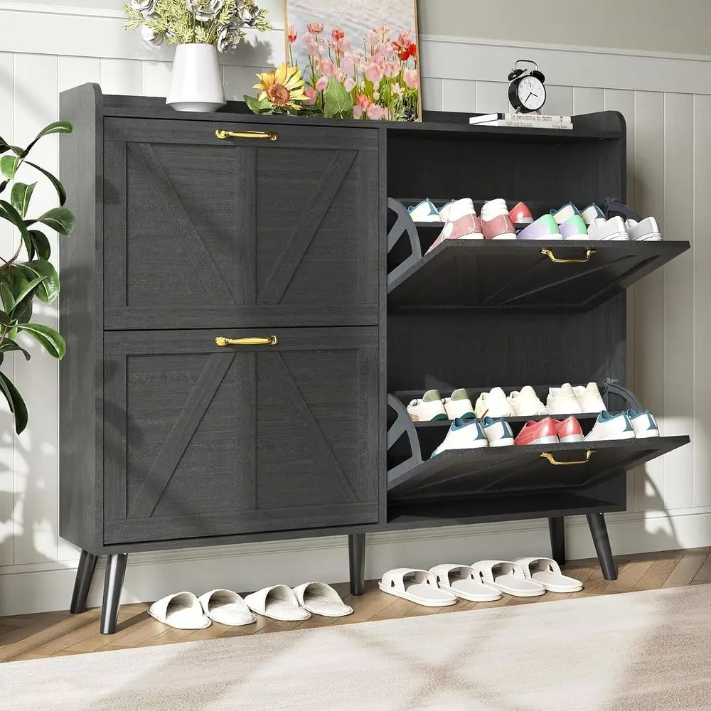 

Black Slimline Shoe Cabinet for Entryway or Hallway with 4 Drawers and Hidden Storage