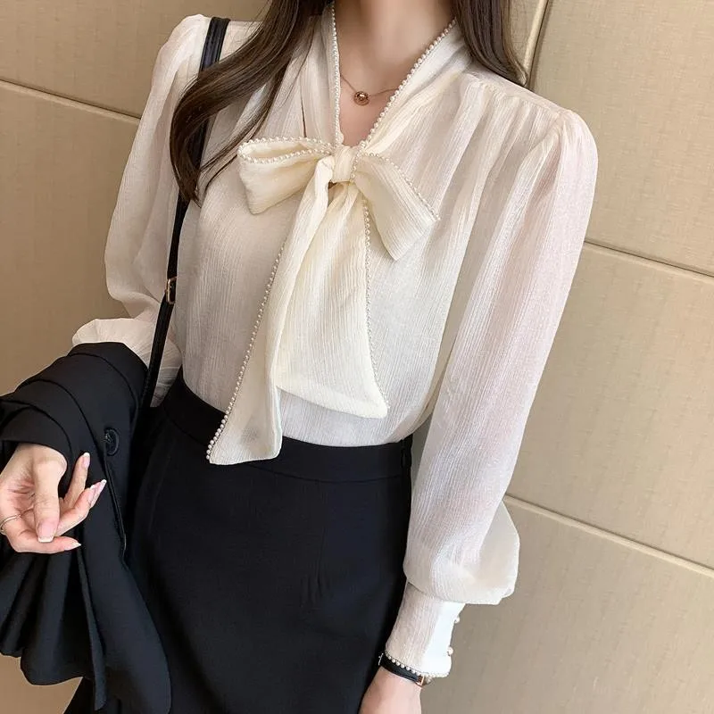 

Spring Women's Clothing Bow Tie V Neck Blouse Casual Wear Elegant Chiffon Long Sleeve Tops For Woman Regular Fit Drop Shoulder