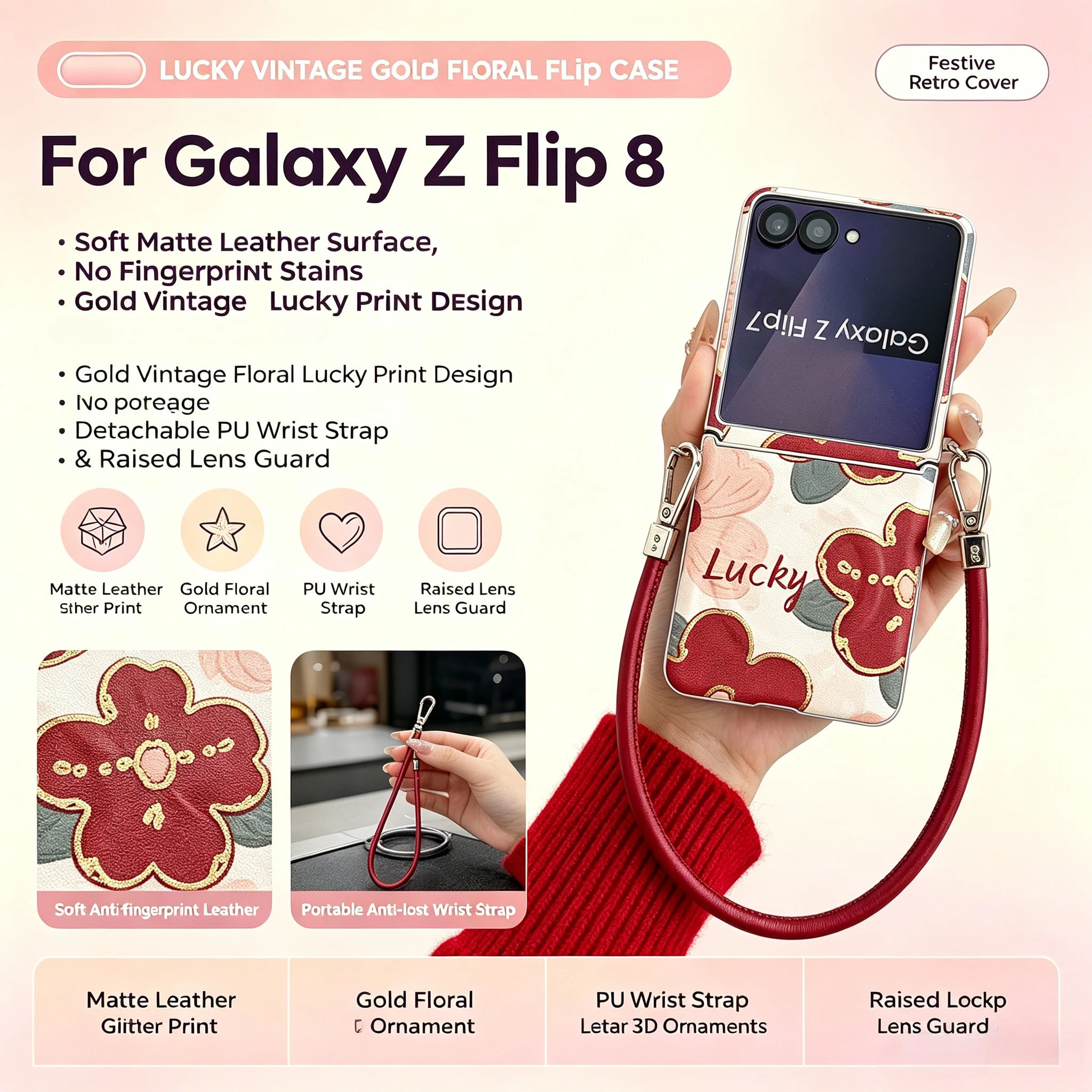 Luxury Gilded Lucky Oil Painting Floral Case For Samsung Galaxy Z Flip 8 7FE 7 6 5 With Lanyard New Year Red Shockproof Cover