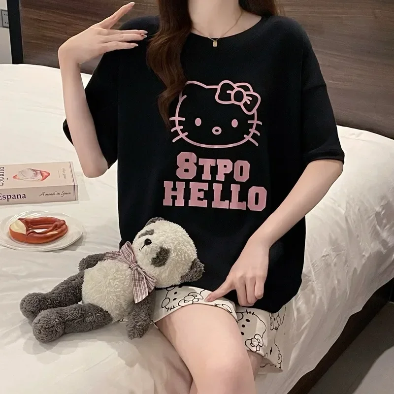 

Летние пижамы Hello Kitty, новый хлопковый пуловер, шорты с короткими рукавами, комплект из двух предметов, милый повседневный комплект домашней одежды Hello Kitty
