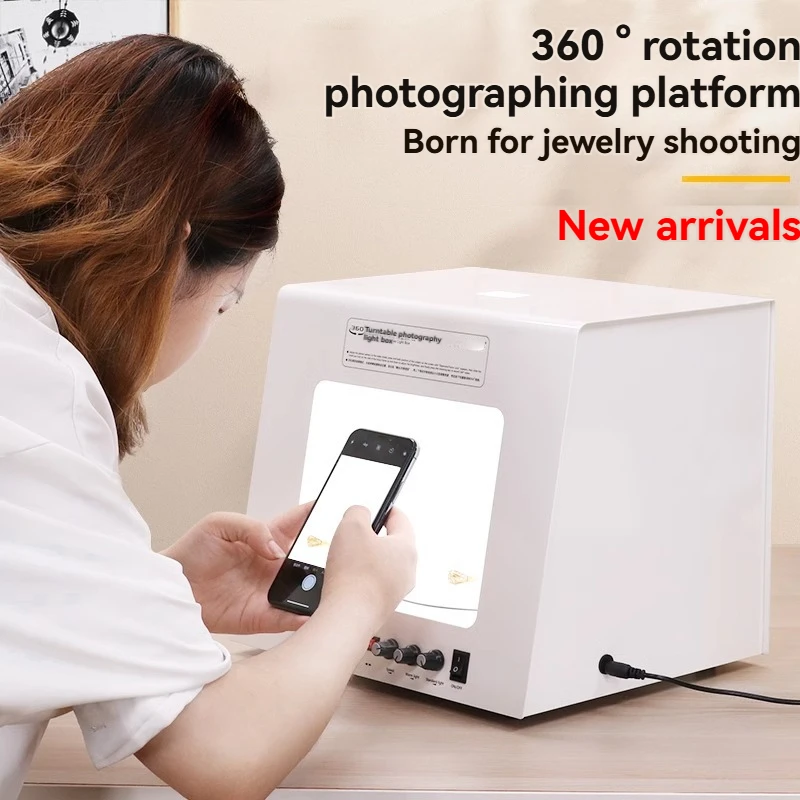 Jewelry photography light box, still life photography table, jewelry photography studio with electric turntable.