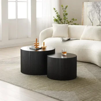 Image Round Coffee Table Set of 2 Nesting Coffee Table Modern for Living Room, Black