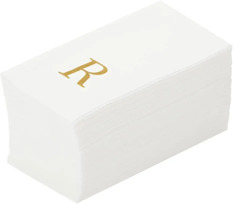 

50 Lettered Guest Towels - Gold 'R', Linen-Feel, 15.8x7.9 Inch, White Airlaid Napkins for Restrooms & Tables