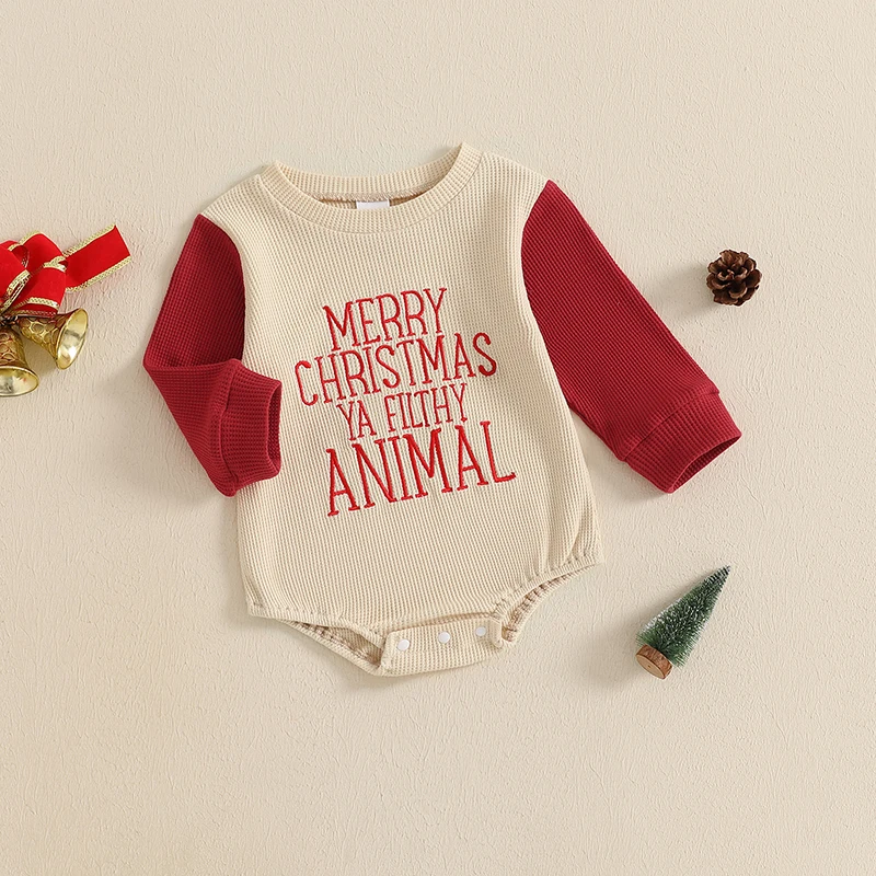 0-18M Baby Christmas Bubble Rompers Letter Embroidery Long Sleeve Sweatshirt Jumpsuit for Boys Girls