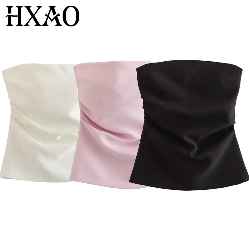 HXAO Women Top Off Shoulder Tube Top Woman Ruched Corset Crop Tops Summer Backless Pink Black White Top Strapless Sexy Tops