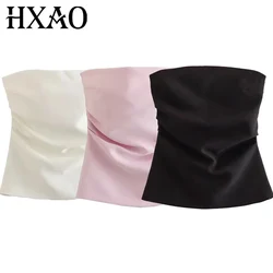 HXAO Women Top Off Shoulder Tube Top Woman Ruched Corset Crop Tops Summer Backless Pink Black White Top Strapless Sexy Tops