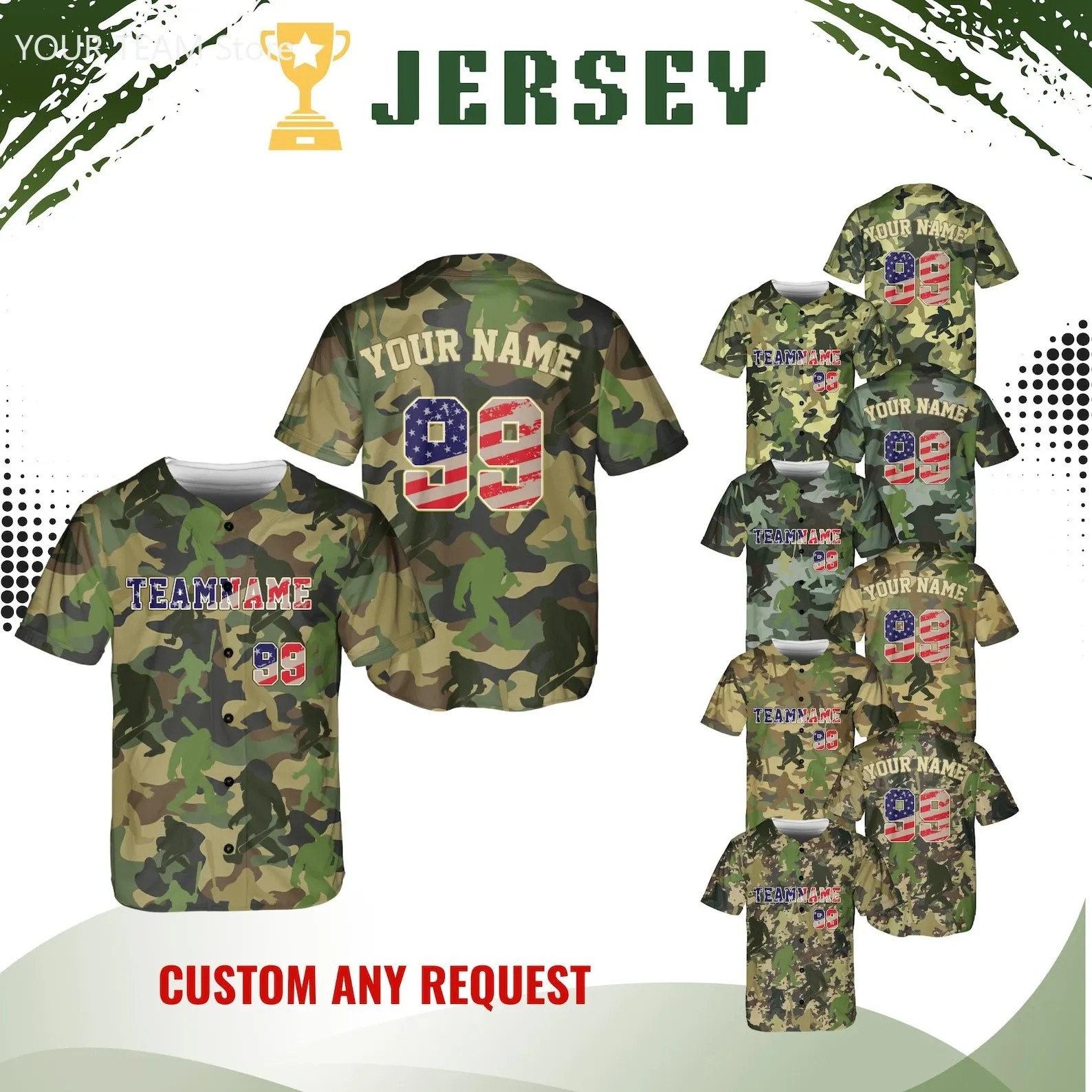 

Custom Camo Baseball Jersey Embroidered Name Number with USA Flag Breathable Button Down MeshShirt Patriotic Sports Team Uniform