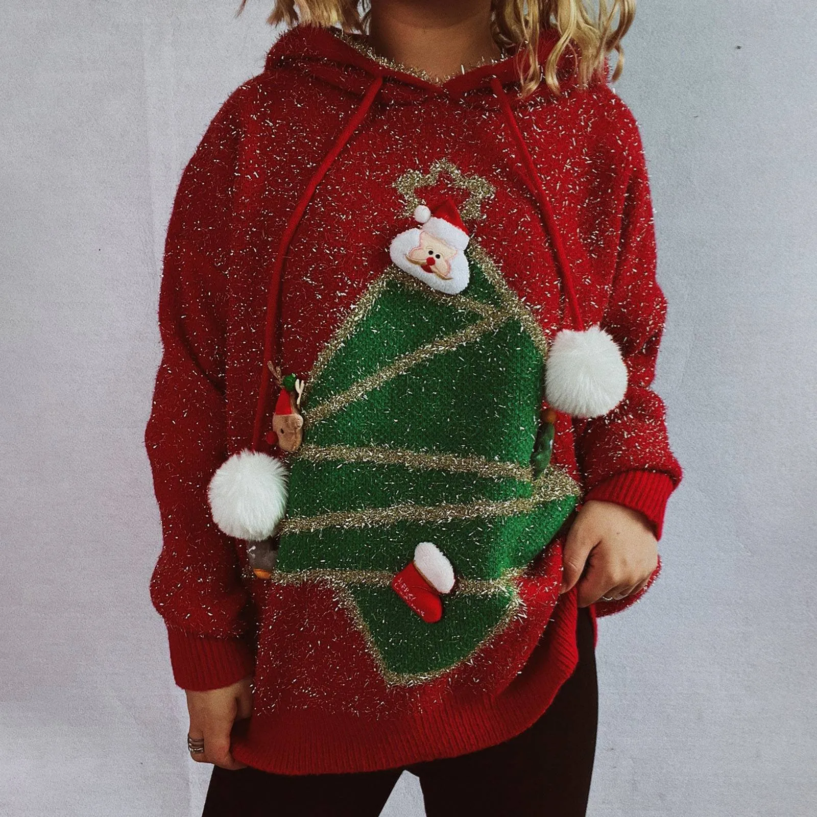 

2024 Winter New Women'S Hooded Christmas Sweater Fit Sequined Knit Top Thick Hooded Pullover Year Christmas Tree Decoration Top