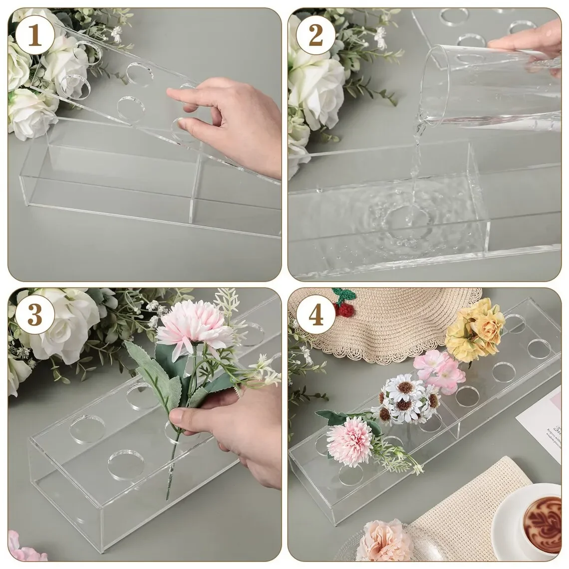 Rectangular Vase, Rose Vase, Transparent Acrylic Flower Vase, Wedding Banquet Table, Flower Center Piece, Modern Low Flower Vase