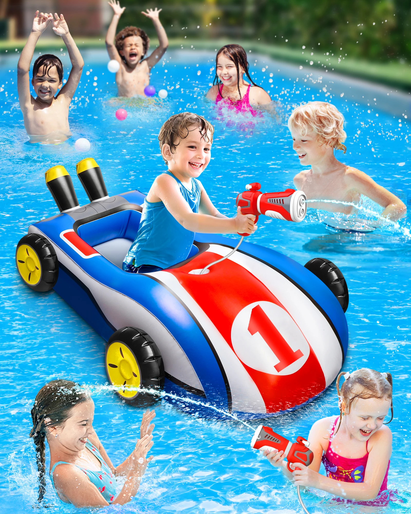 Flotador inflable para piscina con pistola de agua, juguete de natación para niños y niñas de 4, 5, 6, 7, 8, 9 años, juegos de piscina de agua al aire libre de verano
