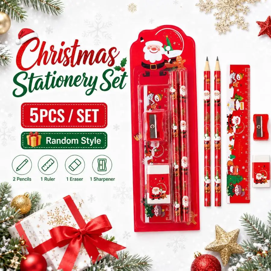 5Pcs Christmas Stationery Set For Kids Cartoon Pencil Ruler Eraser Sharpener School Supplies Birthday Xmas Gift Random Style