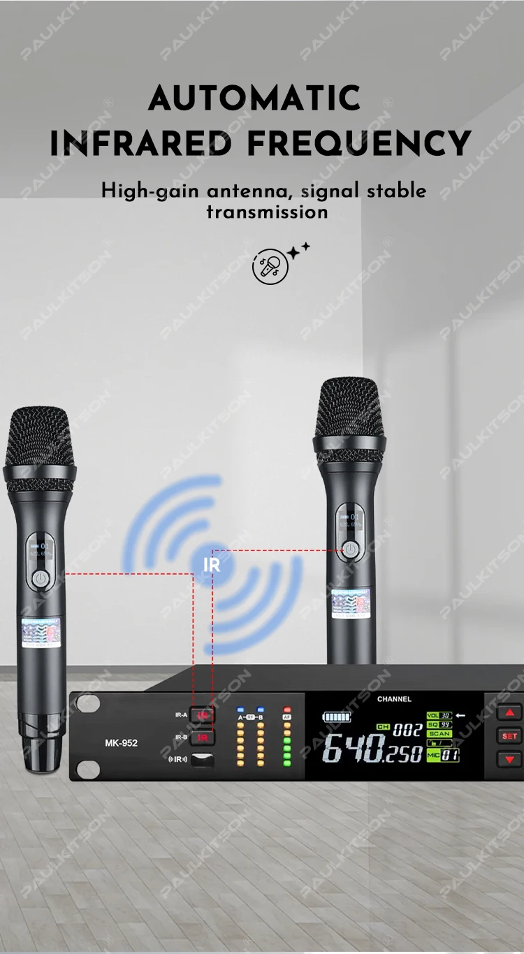 MK952 Dual-Handmikrofon mit True-Diversity-Technologie, 640-690MHz UHF, LCD, Stabiles Signal, Professionell für Bühne, Karaoke, Heim und Live-Einsatz – Detail 8
