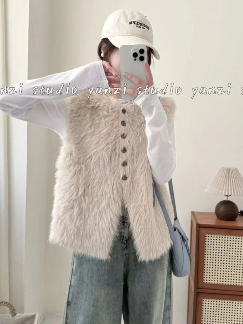 Autumn Winter V Neck Knitted Vest Women Chunky Oversized Faux Mink Fur Cardigan Coat Casual Outerwear