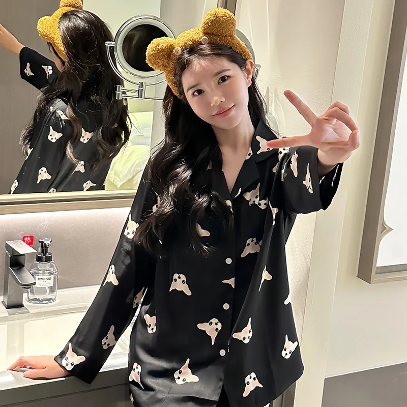 Lisacmvpnel Ice Silk Women Pajamas Long Sleeved Suit Cartoon Sleepwear