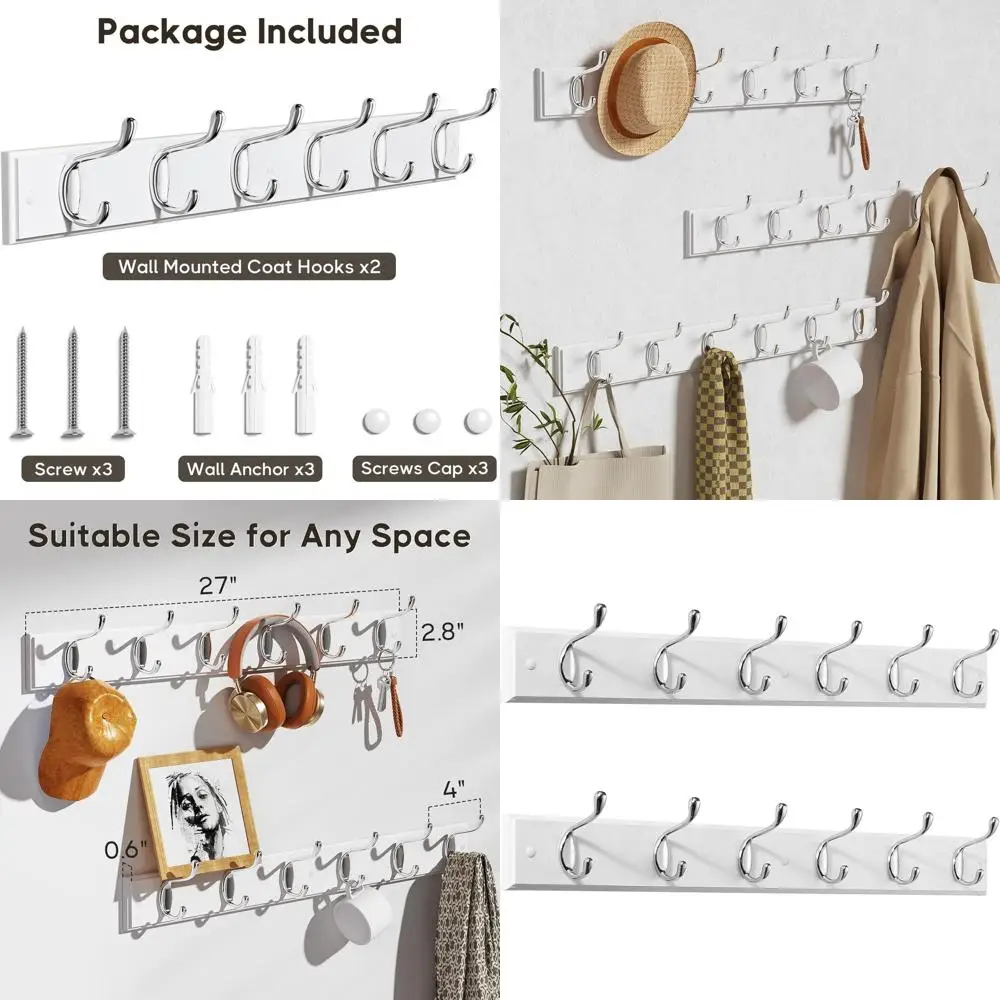 

Набор из 2-х белых настенных вешалок с 6 серебристыми крючками для пальто, сумок и головных уборов