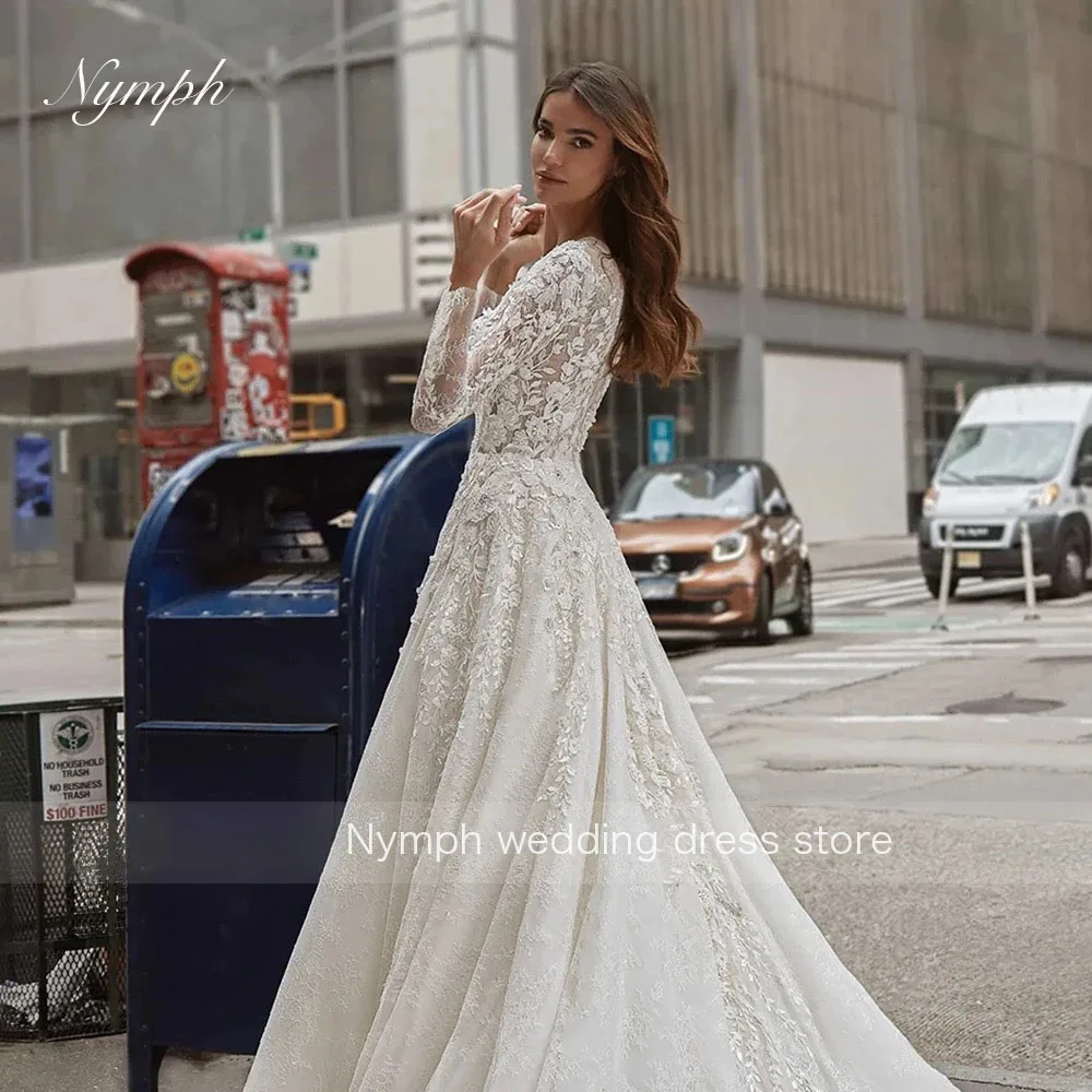 Vestidos De novia Línea A para mujer, cuello redondo, manga larga 3D, apliques De cuentas, ilusión, vestido De novia, bata De boda