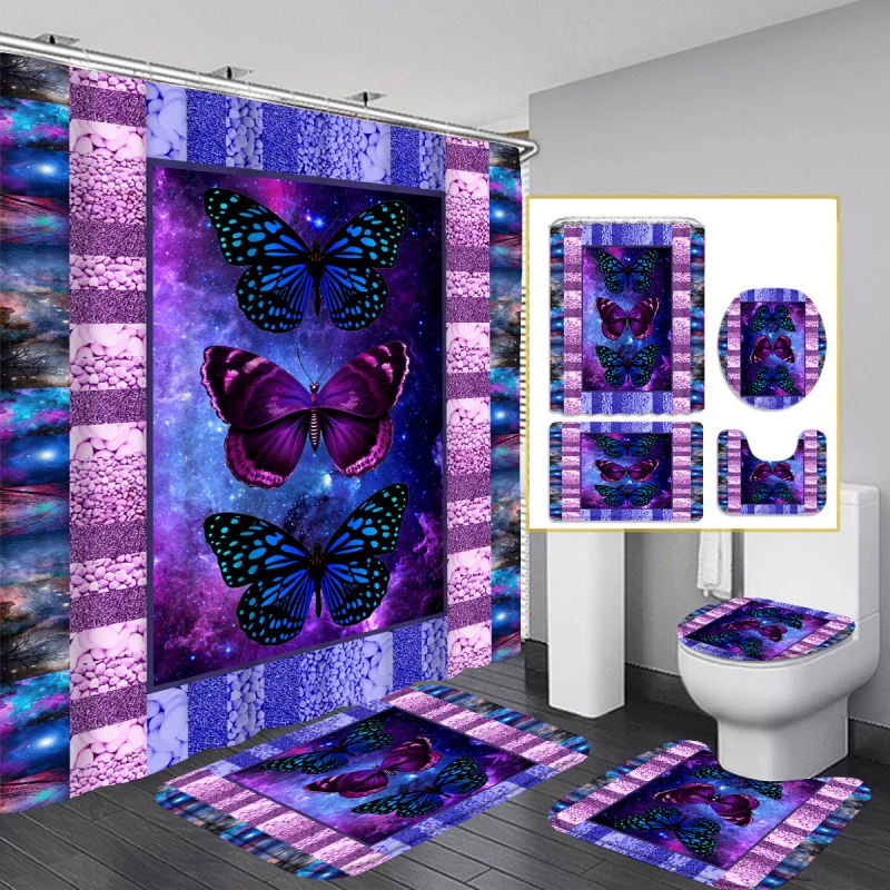 4PC Modern Home Bathroom Decoration: Purple Butterflies Shower Gift Set with 12 Shower Hooks and 3-piece Toilet Floor Mat