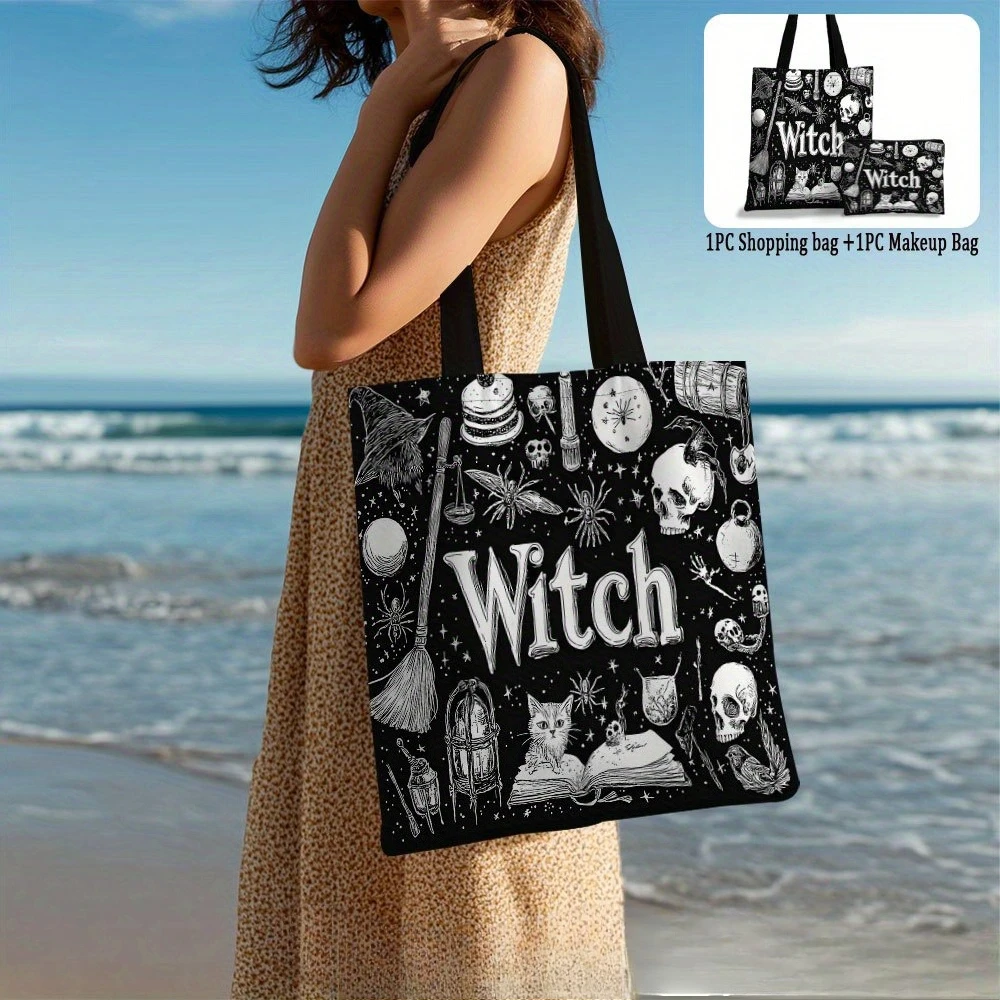 

Witchcraft Elements Artwork Tote Bag/ Beach Bag With Cosmetic Pouch Casual Portable Shopping Bag Travel Toiletry Storage Bags