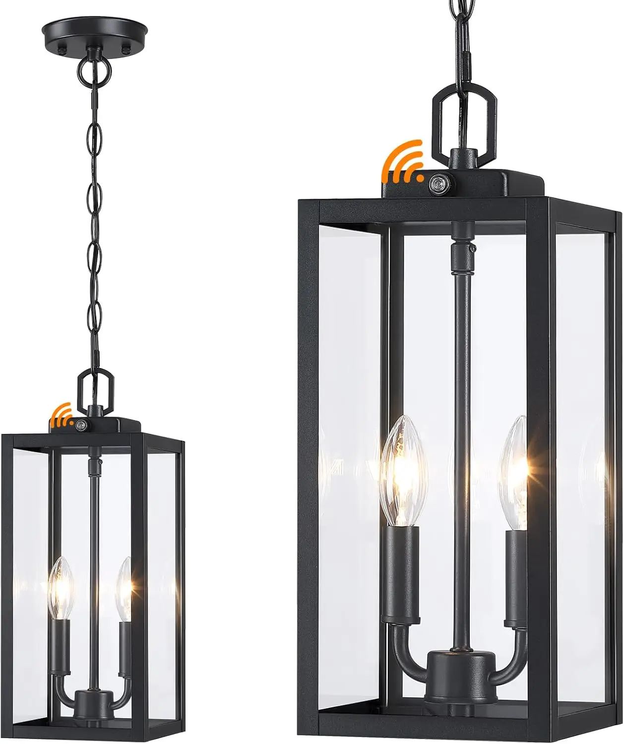 

15'' Dusk to Dawn Outdoor Pendant Light, 2-Light, Modern Black, Clear Glass, E12, 1 Pack
