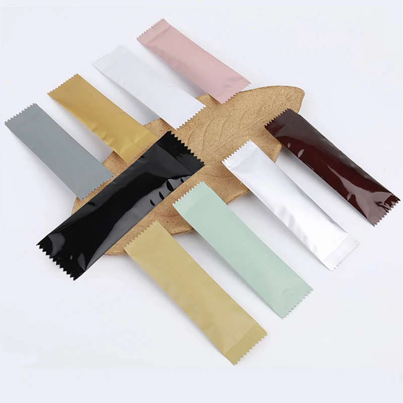 100 Uds. Bolsa portátil de papel de aluminio con tapa abierta, champú, café, leche, azúcar en polvo, Gel energético de miel, bolsitas de tira de embalaje dentadas