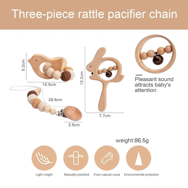 1set Baby Wooden Rattles Plush Crochet Animal Music Rattle Pacifier Chain Clip Newborn Wooden Teether Nursing Chew Cartoon Toy