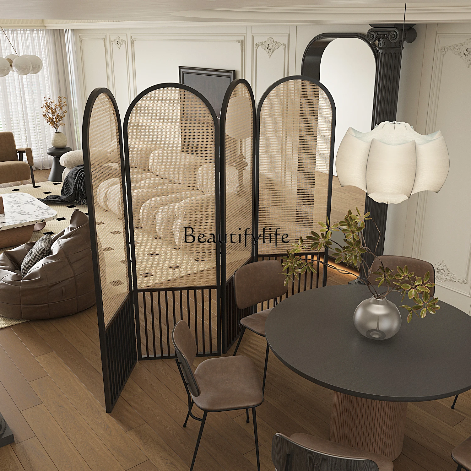 3French rattan screen solid wood folding partition entrance decoration wabi sabi home simple