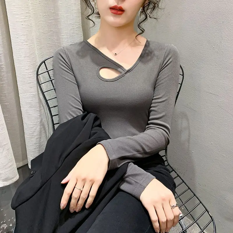 

Sexy Irregular Slim Hollow Out Tops Spring Autumn New Long Sleeve Solid Simplicity Elegant T Shirts Korean Fashion Women Clothes