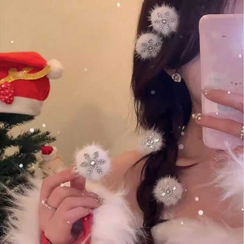 5pcs Korean Shiny Rhinestone Snowflake Fur Ball Plush BB Clip Women Korean Sweet Bang Clip Fashion New Barrette Hair Accessories